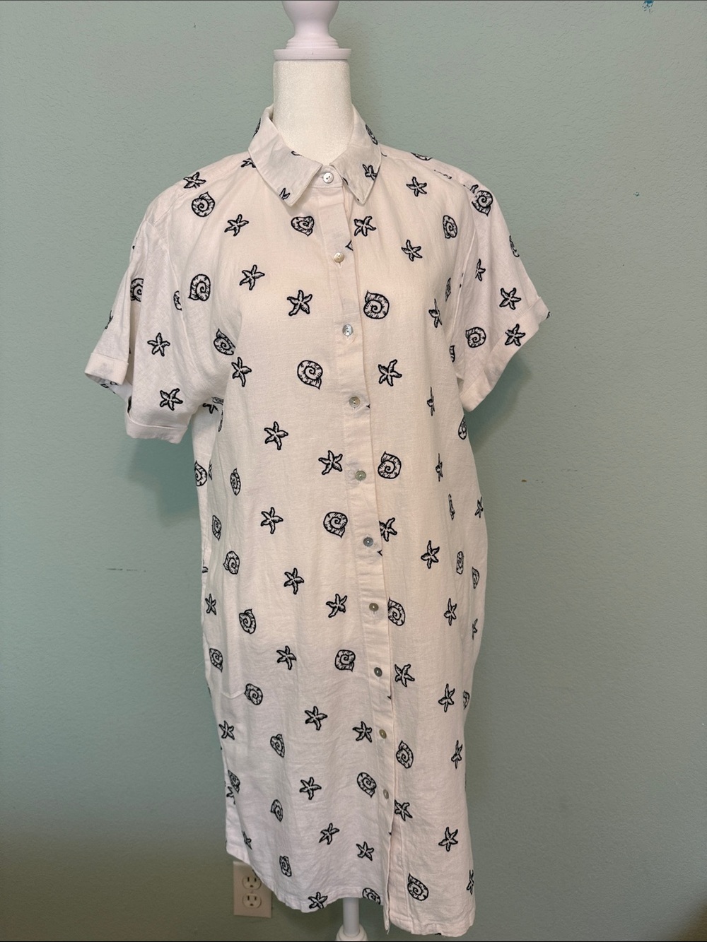 Calypso St. Barth White Short-Sleeve Button-Up Dress with Navy Coastal Motif